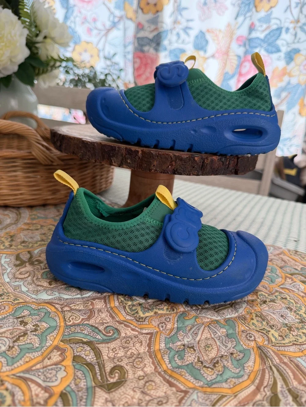 CROCS Kids Blue & Green Athletic Water Shoes with Yellow Pull Tabs Size 12